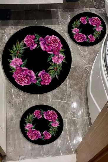 Evperest Çiçekli Siyah Zemin Dot Taban Üçlü Paspas Seti