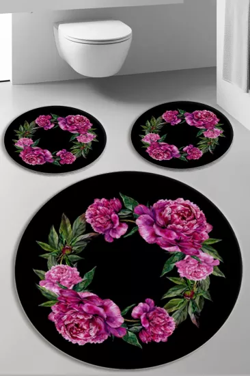 Evperest Çiçekli Siyah Zemin Dot Taban Üçlü Paspas Seti