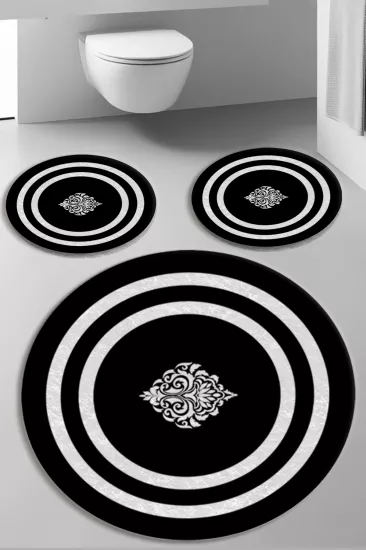 Evperest Siyah Zemin Beyaz Çizgili Dot Taban Üçlü Paspas Seti