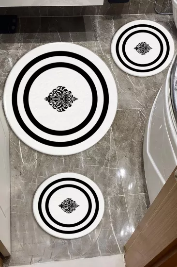 Evperest Beyaz Zemin Siyah Çizgili Üçlü Paspas Seti