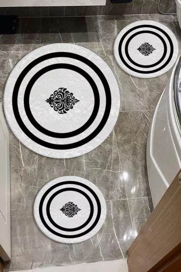 Evperest Beyaz Zemin Siyah Çizgili Dot Taban Üçlü Paspas Seti