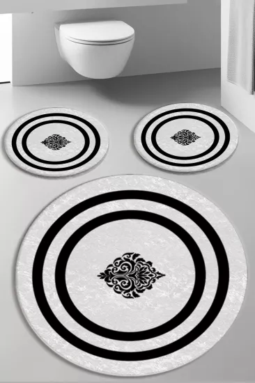 Evperest Beyaz Zemin Siyah Çizgili Dot Taban Üçlü Paspas Seti