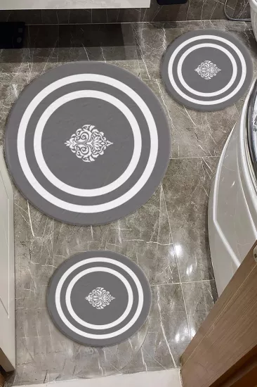 Evperest Gri Zemin Beyaz Çizgili Üçlü Paspas Seti