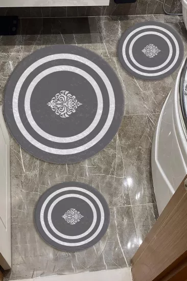 Evperest Gri Zemin Beyaz Çizgili Dot Taban Üçlü Paspas Seti