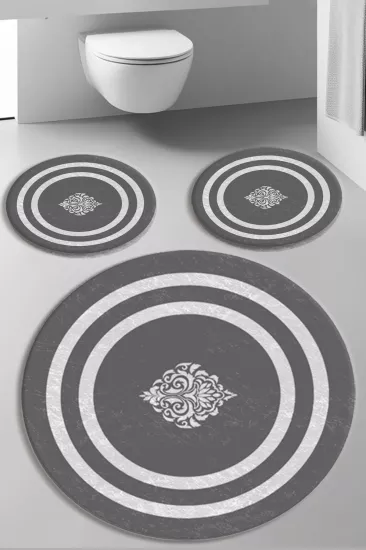 Evperest Gri Zemin Beyaz Çizgili Dot Taban Üçlü Paspas Seti