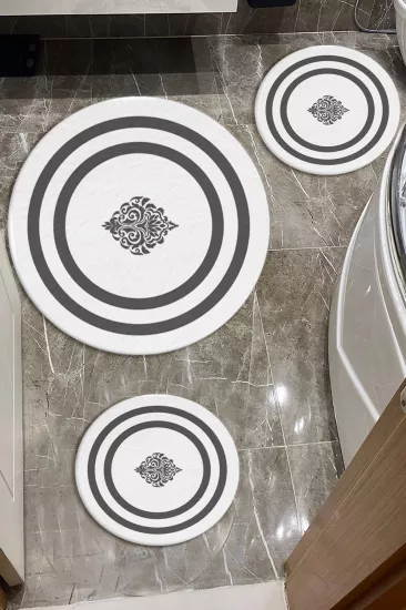 Evperest Beyaz Zemin Gri Çizgili Üçlü Paspas Seti