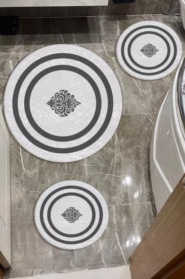 Evperest Beyaz Zemin Gri Çizgili Dot Taban Üçlü Paspas Seti