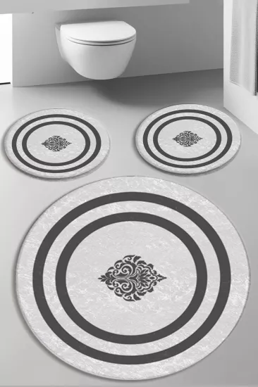 Evperest Beyaz Zemin Gri Çizgili Dot Taban Üçlü Paspas Seti