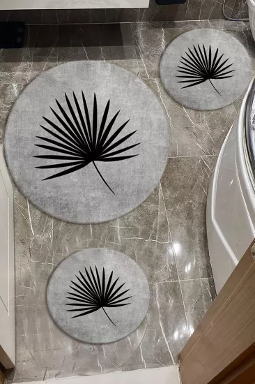 Evperest Siyah Yapraklı Gri Zemin Üçlü Paspas Seti