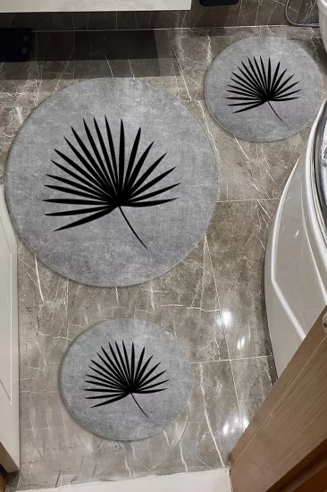 Evperest Siyah Yapraklı Gri Zemin Dot Taban Üçlü Paspas Seti