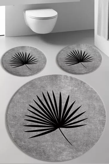 Evperest Siyah Yapraklı Gri Zemin Dot Taban Üçlü Paspas Seti