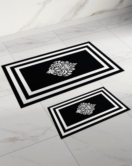 Evperest Siyah Zemin Beyaz Damask Çerçeveli Kalın Klozet Takımı