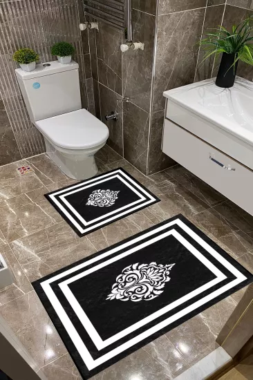 Siyah Zemin Beyaz Damask Çerçeveli Dot Taban İnce Klozet Takımı