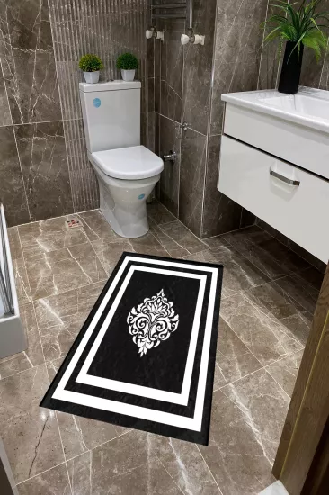 Siyah Zemin Beyaz Damask Çerçeveli Dot Taban İnce Klozet Takımı