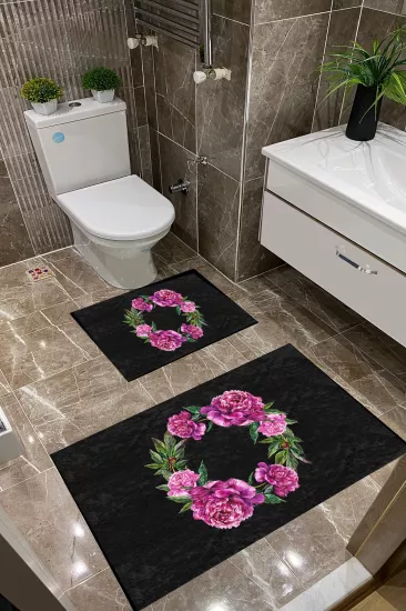 Siyah Zemin Çiçekli Dot Taban İnce Klozet Takımı