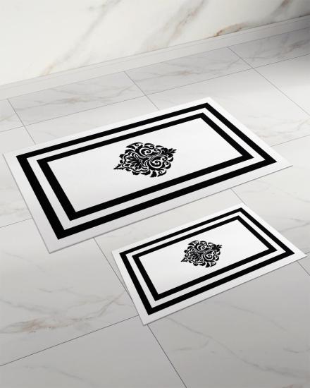 Evperest Beyaz Zemin Siyah Damask Desenli Kalın Klozet Takımı
