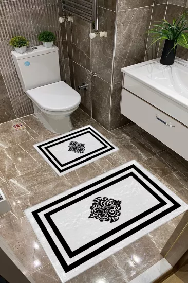 Beyaz Zemin Siyah Damask Desenli Dot Taban İnce Klozet Takımı