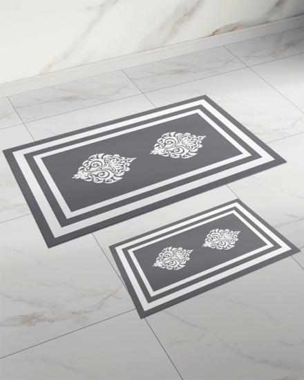 Evperest Gri Zemin Beyaz Damask Desenli Kalın Klozet Takımı