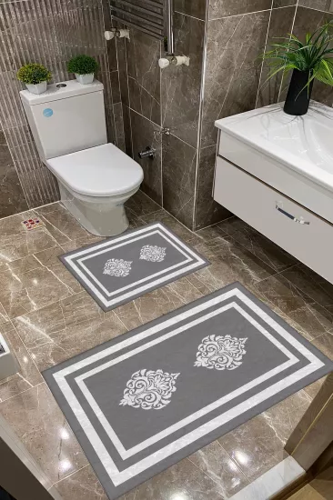 Gri Zemin Beyaz Damask Desenli Dot Taban İnce Klozet Takımı