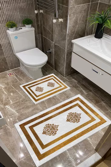 Beyaz Zemin Gold Damask Desenli Dot Taban İnce Klozet Takımı