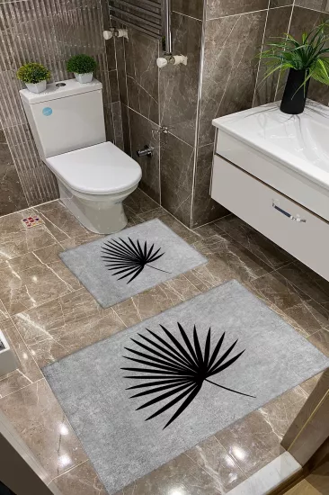 Açık Gri Zemin Siyah Yapraklı Dot Taban İnce Klozet Takımı