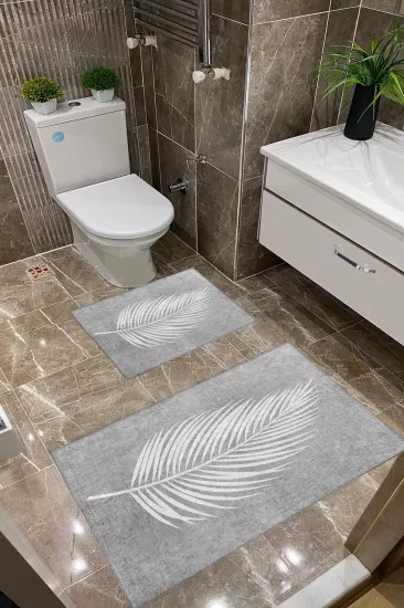 Açık Gri Zemin Beyaz Yapraklı Dot Taban İnce Klozet Takımı