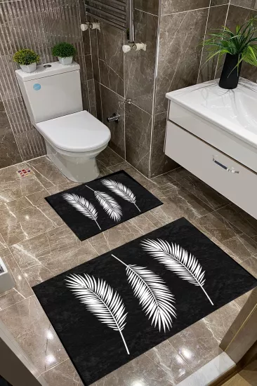 Siyah Zemin Beyaz Yapraklı Dot Taban İnce Klozet Takımı