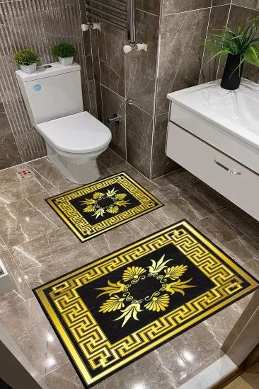 Siyah Zemin Gold Desen Dot Taban İnce Klozet Takımı