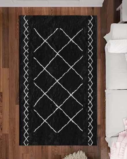 Siyah Zemin Beyaz Bohem Şekiller Modern Salon Halısı