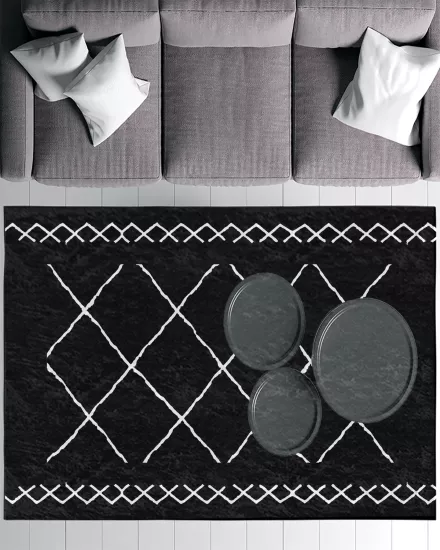 Siyah Zemin Beyaz Bohem Şekiller Modern Salon Halısı