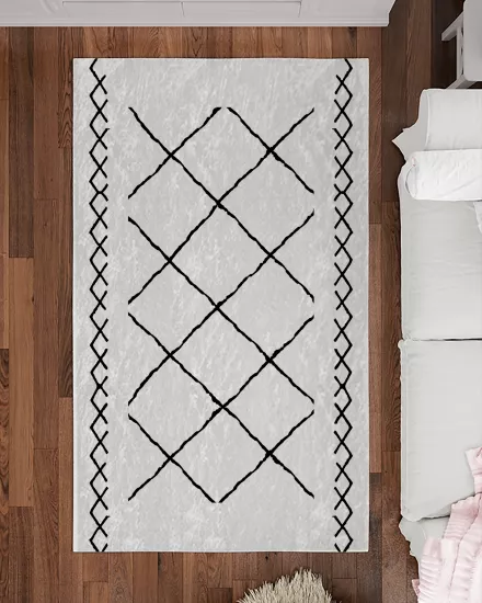 Beyaz Zemin Siyah Bohem Şekiller Modern Salon Halısı