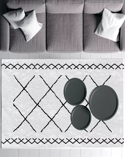 Beyaz Zemin Siyah Bohem Şekiller Modern Salon Halısı