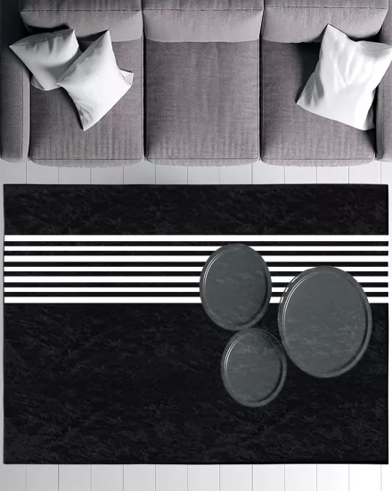 Siyah Zemin Beyaz Şeritler Modern Salon Halısı