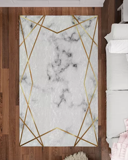 Gold Çizgili Mermer Desenli Modern Salon Halısı