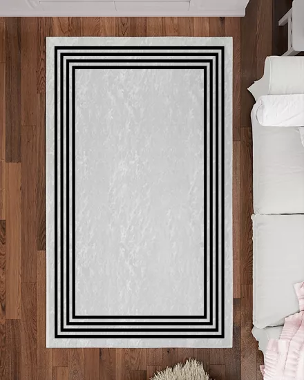 Beyaz Zemin Siyah Çerçeveli Modern Salon Halısı