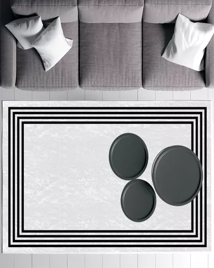 Beyaz Zemin Siyah Çerçeveli Modern Salon Halısı