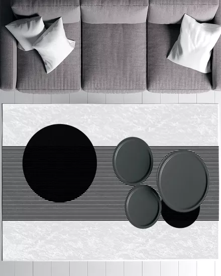 Siyah Yuvarlak Çizgili Modern Salon Halısı