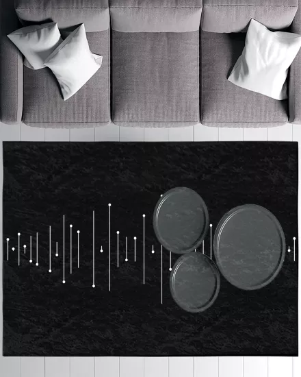 Siyah Zemin Beyaz Çizgili Modern Salon Halısı