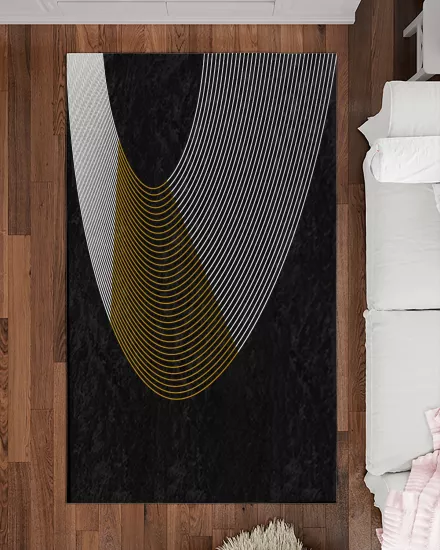 Siyah Zemin Beyaz Gold Çizgili Modern Salon Halısı