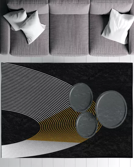 Siyah Zemin Beyaz Gold Çizgili Modern Salon Halısı