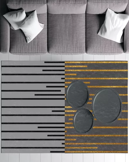 Gri Zemin Sİyah Gold Çizgili Modern Salon Halısı