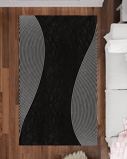 Siyah Zemin Beyaz Çizgili Modern Salon Halısı