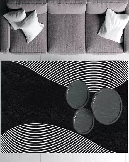 Siyah Zemin Beyaz Çizgili Modern Salon Halısı