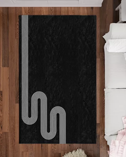 Siyah Zemin Beyaz Zigzag Çizgili Modern Salon Halısı