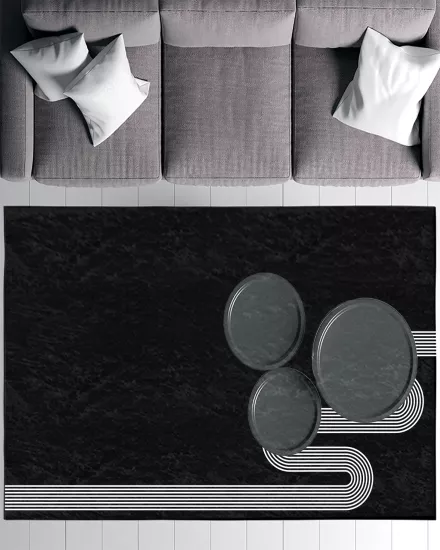 Siyah Zemin Beyaz Zigzag Çizgili Modern Salon Halısı