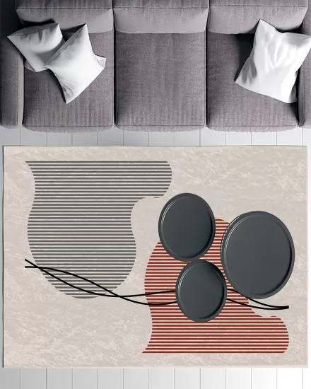 Bej Zemin Geometrik Çizgili Modern Salon Halısı