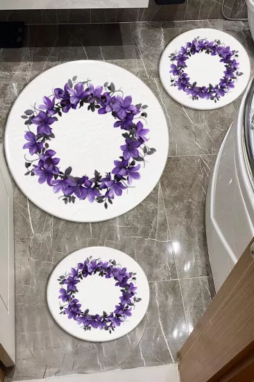 Evperest Premium Mor Çiçekli Banyo Paspas Seti Kalın Kalite