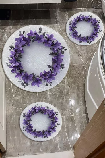 Evperest Premium Mor Çiçekli Banyo Paspas Seti Dot Taban
