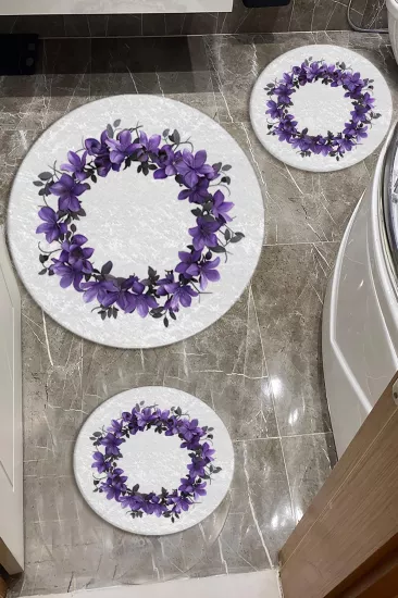 Evperest Premium Mor Çiçekli Banyo Paspas Seti Dot Taban