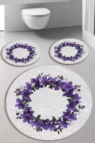 Evperest Premium Mor Çiçekli Banyo Paspas Seti Dot Taban